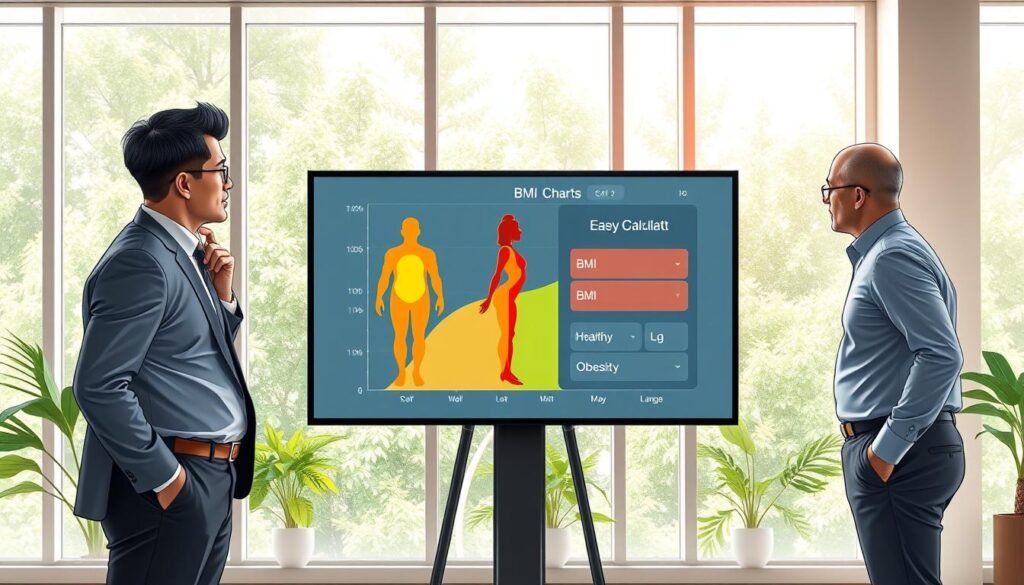 A visually engaging illustration focused on Body Mass Index (BMI) explanation. In the foreground, a diverse group of three men in professional business attire, standing together thoughtfully, examine a large digital screen displaying a colorful BMI chart and a calculator interface. In the middle, the digital screen features easy-to-understand visuals of body shapes corresponding to different BMI ranges: underweight, normal weight, overweight, and obesity, utilizing vibrant colors to denote healthy and unhealthy ranges. In the background, a light-filled office setting with large windows showcasing lush greenery outside, creating an inviting atmosphere. The lighting is bright and natural, enhancing the educational vibe. Capture the seriousness of health awareness while maintaining an approachable, professional mood. A visually engaging illustration focused on Body Mass Index (BMI) explanation. In the foreground, a diverse group of three men in professional business attire, standing together thoughtfully, examine a large digital screen displaying a colorful BMI chart and a calculator interface. In the middle, the digital screen features easy-to-understand visuals of body shapes corresponding to different BMI ranges: underweight, normal weight, overweight, and obesity, utilizing vibrant colors to denote healthy and unhealthy ranges. In the background, a light-filled office setting with large windows showcasing lush greenery outside, creating an inviting atmosphere. The lighting is bright and natural, enhancing the educational vibe. Capture the seriousness of health awareness while maintaining an approachable, professional mood.