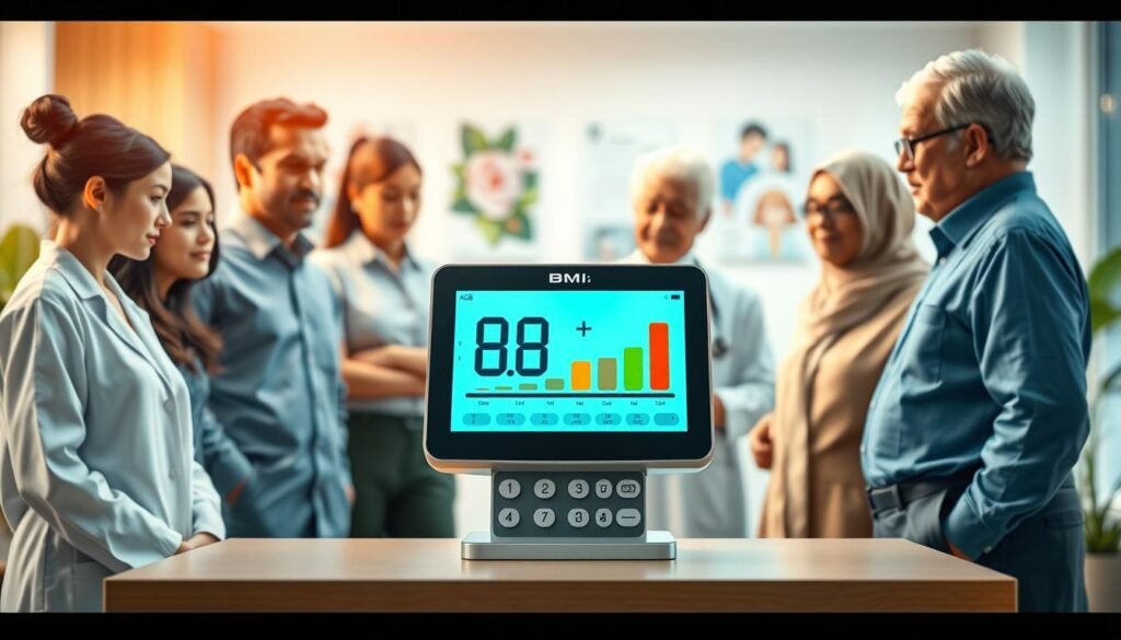 A visually engaging illustration of a "BMI Calculator by Age" concept. In the foreground, feature a sleek BMI calculator device with a bright digital display, showing a range of BMI scores. Surround it with diverse, professional individuals in modest clothing, each representing different age groups (children, teens, adults, seniors) interacting with the calculator, expressing curiosity and engagement. In the middle ground, a softly blurred backdrop of a modern healthcare environment, with plants and health posters subtly enhancing the atmosphere without overwhelming the scene. The lighting should be bright and warm, creating an inviting ambiance. Capture the serenity of health awareness and the importance of understanding BMI scores in a professional setting, ideally shot from a slight angle that adds depth and dimension.