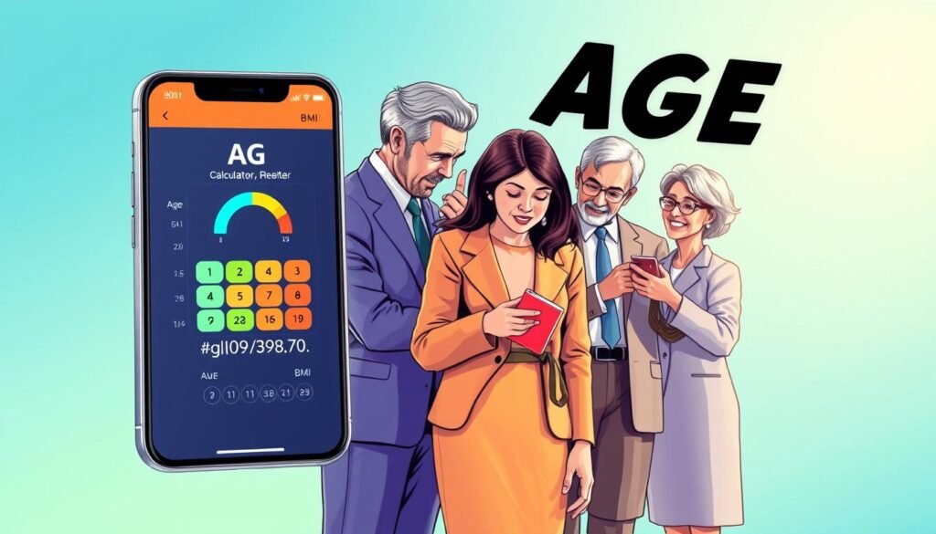 A visually engaging illustration of a BMI calculator themed around age, focusing on the importance of age in understanding health. In the foreground, a sleek, modern BMI calculator interface displayed on a smartphone, with vibrant colors highlighting age categories and corresponding BMI ranges. In the middle ground, diverse individuals, dressed in professional business attire, of varying ages (youth, middle-aged, and senior) analyzing their BMI results together, depicting collaboration and concern for health. The background features a subtle gradient of blue and green tones, symbolizing wellness and vitality, with soft lighting to create a fresh and uplifting atmosphere. The scene should evoke a sense of community and insight into personal health, without any text or additional elements.
