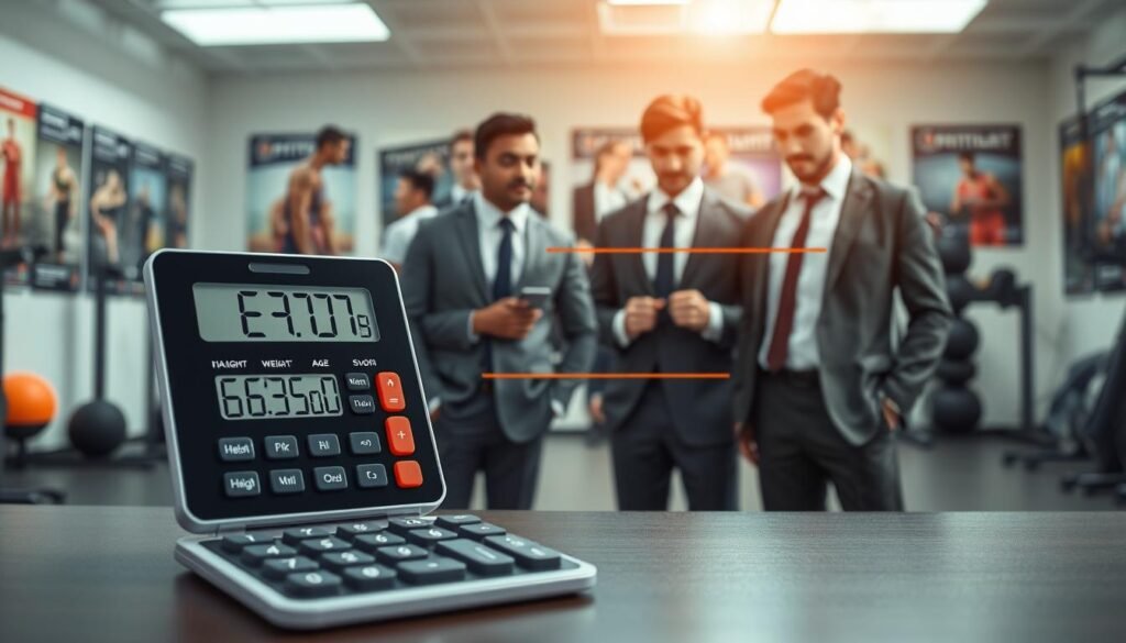 A visually engaging illustration of a men's BMI calculator, showcasing differences in calculations based on height, weight, and age. In the foreground, display a sleek digital calculator with a modern design, highlighting its buttons and display screen. The middle layer features a diverse group of three men dressed in professional business attire, each interacting with the calculator, emphasizing the importance of BMI for different body types. The background consists of a soft-focus gym setting, decorated with fitness posters and equipment, creating an active atmosphere. Use bright, natural lighting to enhance the scene, and a shallow depth of field to focus on the calculator and the men, conveying a motivational and informative mood that invites viewers to engage with their health. A visually engaging illustration of a men's BMI calculator, showcasing differences in calculations based on height, weight, and age. In the foreground, display a sleek digital calculator with a modern design, highlighting its buttons and display screen. The middle layer features a diverse group of three men dressed in professional business attire, each interacting with the calculator, emphasizing the importance of BMI for different body types. The background consists of a soft-focus gym setting, decorated with fitness posters and equipment, creating an active atmosphere. Use bright, natural lighting to enhance the scene, and a shallow depth of field to focus on the calculator and the men, conveying a motivational and informative mood that invites viewers to engage with their health.