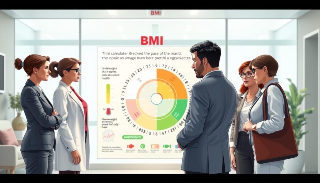 A visually engaging illustration of body mass index (BMI) and associated health risks. In the foreground, a diverse group of three individuals in professional business attire, representing different body types, engages around a BMI calculator wheel, attentively analyzing and discussing their numbers. In the middle ground, a large, clear infographic depicting BMI categories, including underweight, healthy weight, overweight, and obesity, utilizes vibrant colors and easy-to-read visuals to convey information effectively. The background features a serene, modern healthcare setting with soft, natural lighting, enhancing the mood of understanding and awareness. A gentle focus of the camera lens draws attention to the individuals and their interaction with the calculator wheel, creating an informative and approachable atmosphere.