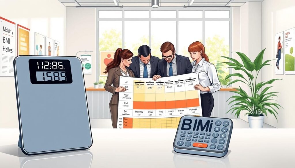 A visually engaging illustration of body mass index (BMI) calculation depicted in a clean and modern office environment. In the foreground, a sleek digital scale shows numbers, while a stylish BMI calculator, designed with an intuitive interface, sits beside it. The middle ground features a diverse group of three professionals in business attire, two men and one woman, collaborating over a chart displaying BMI ranges and health tips. They should appear engaged and focused, highlighting the importance of understanding BMI. The background showcases a bright, inviting workspace with motivational health posters on the walls and natural light streaming through large windows, creating an atmosphere of health and professionalism. The image should utilize soft, even lighting to enhance clarity and detail without distractions.
