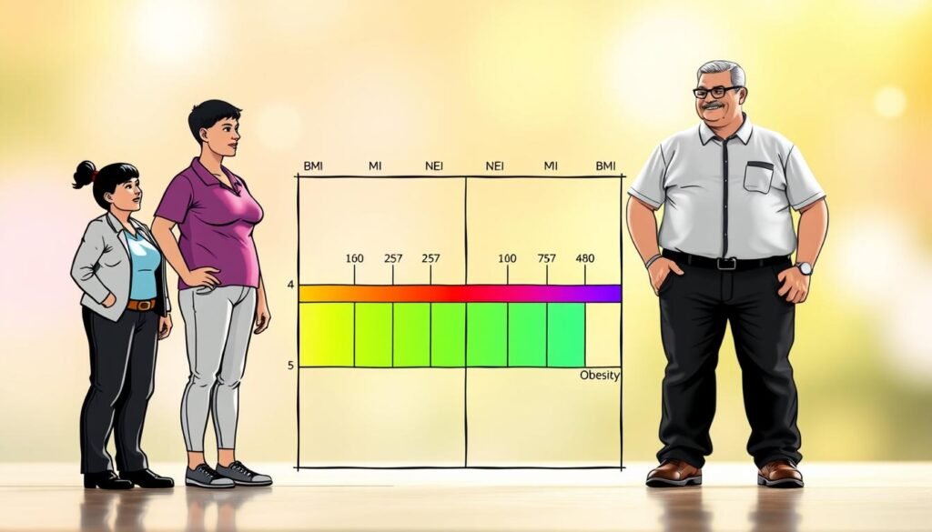 A visually engaging illustration of body mass index (BMI) categories, organized into distinct sections. In the foreground, include icons or figures representing each BMI category: underweight, normal weight, overweight, and obesity, all depicted in professional casual clothing. In the middle, a colorful gradient scale illustrating the BMI ranges from underweight to obesity, with each category clearly differentiated in bold colors. The background should feature a soft, blurred gradient that creates a calm and informative atmosphere. Utilize bright, natural lighting to enhance clarity and focus on the BMI categories. The image should be designed to communicate warmth and understanding, inviting viewers to learn more about BMI in a friendly yet professional manner. A visually engaging illustration of body mass index (BMI) categories, organized into distinct sections. In the foreground, include icons or figures representing each BMI category: underweight, normal weight, overweight, and obesity, all depicted in professional casual clothing. In the middle, a colorful gradient scale illustrating the BMI ranges from underweight to obesity, with each category clearly differentiated in bold colors. The background should feature a soft, blurred gradient that creates a calm and informative atmosphere. Utilize bright, natural lighting to enhance clarity and focus on the BMI categories. The image should be designed to communicate warmth and understanding, inviting viewers to learn more about BMI in a friendly yet professional manner.