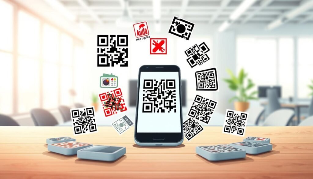 A visually engaging illustration of different types of QR codes, creatively displayed on a modern workspace table. In the foreground, various QR codes are arranged in an eye-catching circle, showcasing different designs such as standard black and white QR codes, colorful branded codes, and stylish overlay codes with logos. The middle ground features a sleek smartphone with a QR code scanner open, scanning one of the codes. In the background, a soft-focus office environment with natural light streaming through large windows creates a bright and inviting atmosphere. The image captures a professional mood, depicting innovation and user-friendliness, with a slight depth of field to emphasize the QR codes in the foreground.