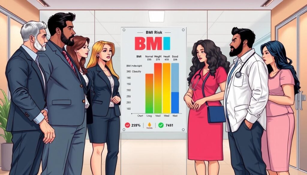 A visually engaging illustration representing BMI health risks, featuring a balanced composition. In the foreground, a diverse group of individuals of varying body types, dressed in professional business attire, discussing health beside a transparent BMI chart. They appear concerned but hopeful, highlighting the personal nature of BMI interpretation. In the middle, a colorful infographic displays BMI categories: underweight, normal weight, overweight, and obesity, with subtle visual indicators like alarming colors for higher risks. The background should feature a modern healthcare setting with soft, diffused lighting that creates a warm atmosphere, encouraging viewers to reflect on personal health. Use a wide-angle lens to capture the interaction and environment effectively, focusing on clarity and engagement. A visually engaging illustration representing BMI health risks, featuring a balanced composition. In the foreground, a diverse group of individuals of varying body types, dressed in professional business attire, discussing health beside a transparent BMI chart. They appear concerned but hopeful, highlighting the personal nature of BMI interpretation. In the middle, a colorful infographic displays BMI categories: underweight, normal weight, overweight, and obesity, with subtle visual indicators like alarming colors for higher risks. The background should feature a modern healthcare setting with soft, diffused lighting that creates a warm atmosphere, encouraging viewers to reflect on personal health. Use a wide-angle lens to capture the interaction and environment effectively, focusing on clarity and engagement.