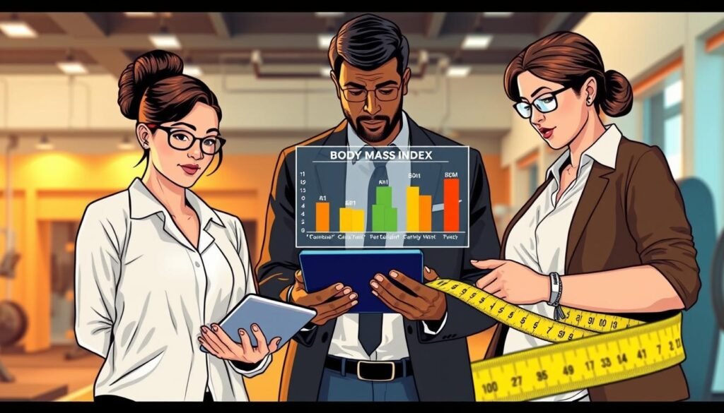 A visually engaging illustration representing "Body Mass Index Understanding." In the foreground, a diverse group of three individuals, one in professional business attire and two in modest casual clothing, are thoughtfully discussing while looking at a BMI calculator on a tablet. In the middle ground, an infographic displays various BMI categories alongside a measuring tape, emphasizing the importance of maintaining a healthy weight. The background features a soft-focus gym setting, hinting at physical activity, with warm, inviting lighting. The mood is informative and motivating, encouraging viewers to engage with their health. Use a wide-angle lens to capture the scene, ensuring clarity and depth, while maintaining an overall professional and educational atmosphere. A visually engaging illustration representing "Body Mass Index Understanding." In the foreground, a diverse group of three individuals, one in professional business attire and two in modest casual clothing, are thoughtfully discussing while looking at a BMI calculator on a tablet. In the middle ground, an infographic displays various BMI categories alongside a measuring tape, emphasizing the importance of maintaining a healthy weight. The background features a soft-focus gym setting, hinting at physical activity, with warm, inviting lighting. The mood is informative and motivating, encouraging viewers to engage with their health. Use a wide-angle lens to capture the scene, ensuring clarity and depth, while maintaining an overall professional and educational atmosphere.