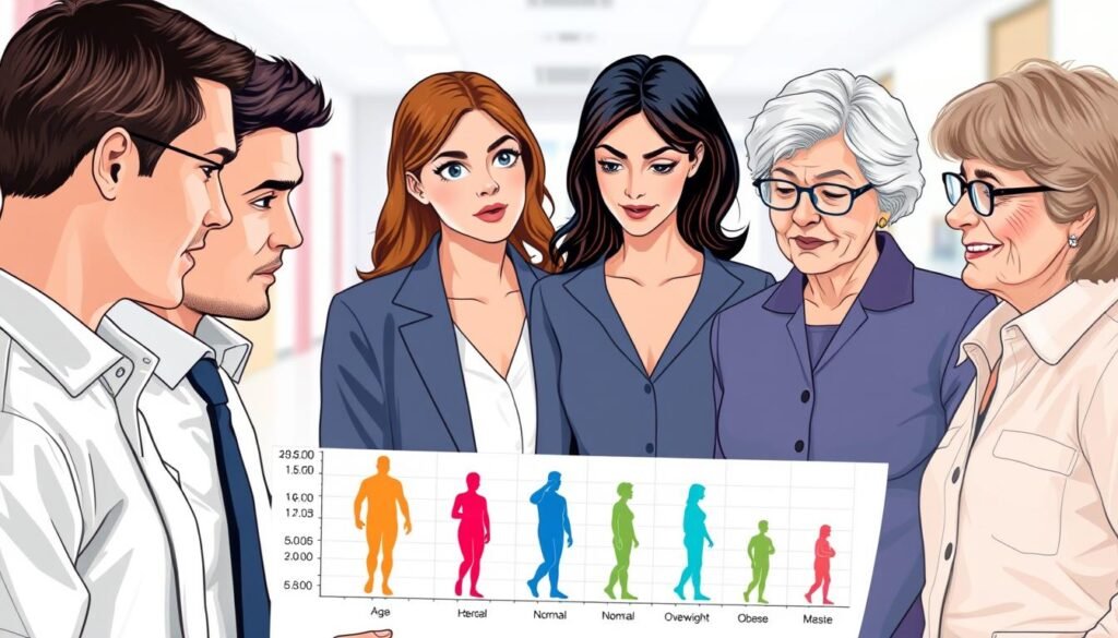 A visually engaging illustration representing the concept of BMI, age, and gender in a clear and educational way. In the foreground, feature a diverse group of three individuals, one young adult male, one middle-aged female, and one elderly female, all dressed in professional business attire. They are observing and discussing a large, colorful graph displaying BMI categories across various ages and genders. In the middle, seamlessly blend illustrations of body silhouettes that indicate the BMI categories, with labels of "Underweight," "Normal," "Overweight," and "Obese." In the background, a soft-focus hospital or wellness clinic scene enhances the atmosphere. Utilize soft, natural lighting to create an inviting and educational mood, using a wide-angle lens to capture the communal interaction and focus on the data being analyzed. A visually engaging illustration representing the concept of BMI, age, and gender in a clear and educational way. In the foreground, feature a diverse group of three individuals, one young adult male, one middle-aged female, and one elderly female, all dressed in professional business attire. They are observing and discussing a large, colorful graph displaying BMI categories across various ages and genders. In the middle, seamlessly blend illustrations of body silhouettes that indicate the BMI categories, with labels of "Underweight," "Normal," "Overweight," and "Obese." In the background, a soft-focus hospital or wellness clinic scene enhances the atmosphere. Utilize soft, natural lighting to create an inviting and educational mood, using a wide-angle lens to capture the communal interaction and focus on the data being analyzed.