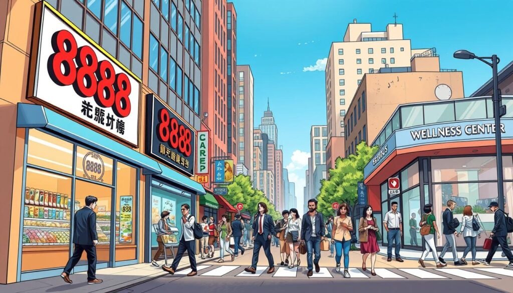 A visually engaging illustration showcasing the significance of the number 888 in everyday life. In the foreground, depict a bustling city street with three storefronts prominently displaying the number 888 in their signage, such as a grocery store, a café, and a wellness center. In the middle ground, include diverse people, dressed in professional business attire and modest casual clothing, engaging in activities like shopping, socializing, and relaxing. The background features a clear blue sky and urban buildings, infusing the scene with vibrant energy. Use natural lighting to create a warm, inviting atmosphere, highlighting the positive connotations of the number 888. Capture the essence of luck and prosperity, inviting viewers to reflect on the significance of this number in daily life. A visually engaging illustration showcasing the significance of the number 888 in everyday life. In the foreground, depict a bustling city street with three storefronts prominently displaying the number 888 in their signage, such as a grocery store, a café, and a wellness center. In the middle ground, include diverse people, dressed in professional business attire and modest casual clothing, engaging in activities like shopping, socializing, and relaxing. The background features a clear blue sky and urban buildings, infusing the scene with vibrant energy. Use natural lighting to create a warm, inviting atmosphere, highlighting the positive connotations of the number 888. Capture the essence of luck and prosperity, inviting viewers to reflect on the significance of this number in daily life.