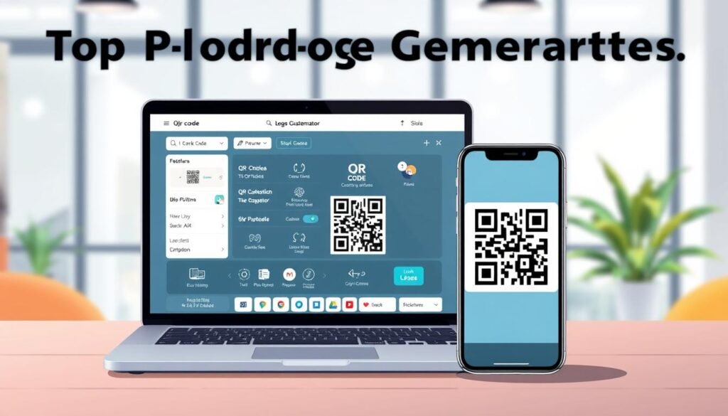 A visually engaging illustration showcasing the top features of a QR code logo generator tool. In the foreground, a sleek, user-friendly interface of the tool appears on a modern laptop screen, displaying various QR code options and logo customization features. In the middle ground, a smartphone displays a scanned QR code linking to a logo, emphasizing its practical application. The background features a blurred office environment with soft, natural lighting filtering through large windows, creating an inviting atmosphere. Use a shallow depth of field to focus on the laptop and smartphone, ensuring clarity of the tool's interface. The overall mood should be professional and innovative, conveying the excitement of creating personalized logos effortlessly.