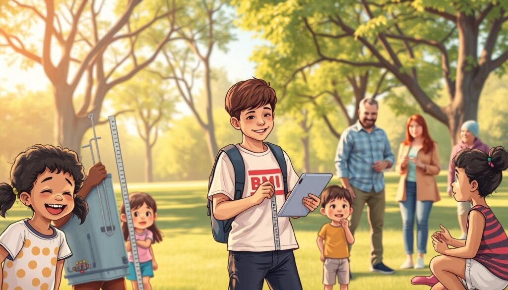 A visually engaging illustration showing a diverse group of individuals representing various age groups: children, teenagers, and adults. In the foreground, display kids of different ethnicities—playing and measuring their height and weight—exuding joy and energy. In the middle ground, include a teenager using a BMI calculator on a tablet, appearing inquisitive and focused. In the background, showcase adults engaged in health-related discussions, emphasizing community and well-being, with a park setting filled with trees and a clear sky. Soft natural lighting casts a warm glow, creating an inviting atmosphere. Use a slight aerial angle to provide a comprehensive view of the scene, highlighting the importance of health tracking across ages. No text or overlays in the image.