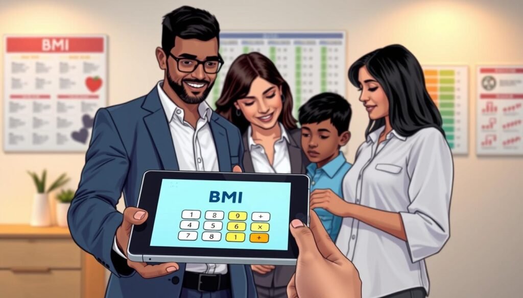 A visually engaging illustration that represents the concept of BMI (Body Mass Index) calculation. In the foreground, display a digital tablet or mobile device showing a user-friendly BMI calculator interface with sleek buttons and a vibrant, colorful design. The middle ground features a diverse group of three individuals (a man, a woman, and a child), each dressed in professional business attire or modest casual clothing, interacting with the device, showing curiosity and interest. In the background, create a softly illuminated modern office or home environment with warm lighting and subtle health-themed decor, such as a wall chart of BMI categories. The mood should be informative and approachable, encouraging viewers to explore and understand BMI. The composition should be clear and harmonious, ensuring focus on the BMI calculator.