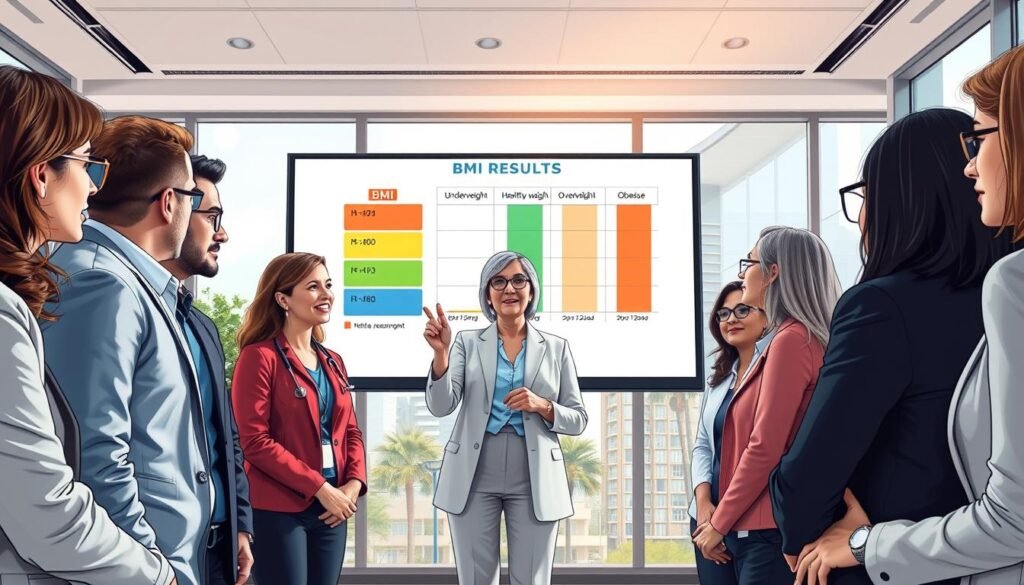 A visually engaging image depicting the concept of "Understanding BMI Results." In the foreground, a diverse group of people, dressed in professional business attire, are gathered around a large screen displaying colorful BMI category charts—underweight, healthy weight, overweight, and obese. In the middle, a healthcare professional, a middle-aged woman with glasses, explains the results with a friendly and inviting demeanor, pointing at the chart. In the background, a softly lit, modern office environment with large windows offers a sense of professionalism and clarity. The atmosphere is calm and educational, with natural light streaming in to create an optimistic feel. The lens used is slightly wide-angle to capture both the participants and the screen clearly, enhancing focus on the interactions.