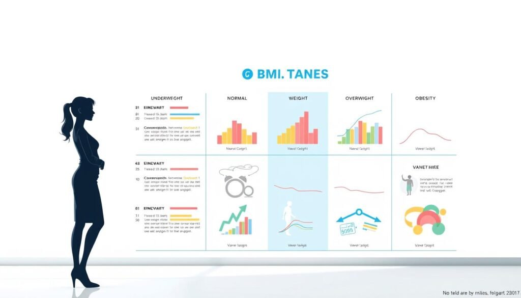 A visually engaging infographic depicting BMI categories for women, clearly structured into distinct sections: underweight, normal weight, overweight, and obesity. In the foreground, include an elegant silhouette of a woman dressed in professional attire, representing health and confidence. The middle section features color-coded charts and graphics that illustrate the BMI ranges, with soft pastel colors to enhance readability. In the background, a subtle gradient transitions from light blue to white, creating a calming atmosphere. The lighting is soft and even, mimicking natural light as if viewed in a bright, airy office space. The overall mood is informative and empowering, highlighting the importance of understanding BMI for women's health. No text, watermarks, or additional elements should be present.