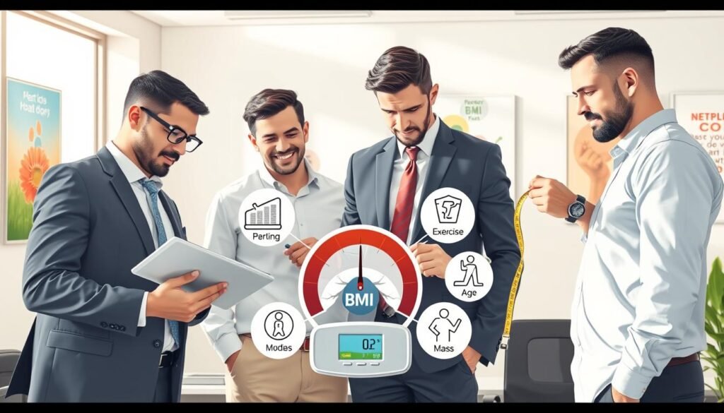 A visually engaging infographic depicting various factors affecting BMI readings. In the foreground, a diverse group of three men in professional business attire is interacting: one is examining a chart on a tablet, another is holding a measuring tape, and the third is analyzing a digital scale. In the middle, illustrations of key factors like diet, exercise, age, and muscle mass are represented as icons around a central BMI scale. The background features a bright, modern office setting with motivational health posters on the walls. Soft, natural lighting filters through large windows, creating a warm and informative atmosphere. The composition invites viewers to understand the complexity of BMI readings without distractions, ensuring a professional and educational tone throughout.