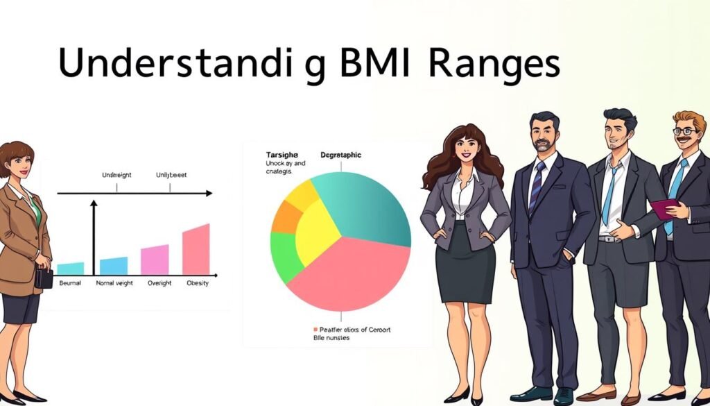 A visually engaging infographic illustrating "Understanding BMI Ranges." In the foreground, display diverse figures of individuals in professional business attire alongside a simple scale illustration showing various BMI categories: underweight, normal weight, overweight, and obesity. In the middle, incorporate a vibrant pie chart or bar graph visually breaking down the BMI ranges in soft pastel colors, ensuring clarity and accessibility. The background should be a calming color gradient, possibly light blues and greens, evoking a sense of health and wellness. Use soft, even lighting to avoid harsh shadows, and employ a slight overhead angle for an informative perspective. The mood should be educational and inviting, promoting understanding and awareness around BMI numbers and their significance for health tracking. A visually engaging infographic illustrating "Understanding BMI Ranges." In the foreground, display diverse figures of individuals in professional business attire alongside a simple scale illustration showing various BMI categories: underweight, normal weight, overweight, and obesity. In the middle, incorporate a vibrant pie chart or bar graph visually breaking down the BMI ranges in soft pastel colors, ensuring clarity and accessibility. The background should be a calming color gradient, possibly light blues and greens, evoking a sense of health and wellness. Use soft, even lighting to avoid harsh shadows, and employ a slight overhead angle for an informative perspective. The mood should be educational and inviting, promoting understanding and awareness around BMI numbers and their significance for health tracking.