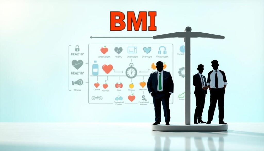 A visually engaging infographic-style image illustrating the concept of BMI and health. In the foreground, a colorful, detailed scale with a BMI chart featuring different body types, including healthy, underweight, overweight, and obese, depicted with simplistic human silhouettes dressed in professional business attire. In the middle ground, a stylized diagram showing various health indicators related to BMI such as heart health, fitness levels, and nutrition, using icons like hearts, apples, and exercise equipment. The background features a soft gradient of blues and greens, symbolizing health and wellness. The lighting is bright and inviting, creating an uplifting atmosphere that encourages well-being. The angle is slightly elevated, offering a comprehensive view of the elements. A visually engaging infographic-style image illustrating the concept of BMI and health. In the foreground, a colorful, detailed scale with a BMI chart featuring different body types, including healthy, underweight, overweight, and obese, depicted with simplistic human silhouettes dressed in professional business attire. In the middle ground, a stylized diagram showing various health indicators related to BMI such as heart health, fitness levels, and nutrition, using icons like hearts, apples, and exercise equipment. The background features a soft gradient of blues and greens, symbolizing health and wellness. The lighting is bright and inviting, creating an uplifting atmosphere that encourages well-being. The angle is slightly elevated, offering a comprehensive view of the elements.