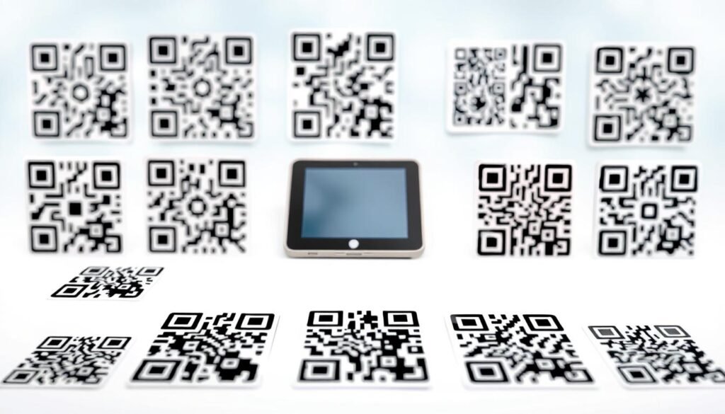 A visually engaging layout displaying various types of QR codes on a clean, white background. In the foreground, prominently feature a selection of unique QR codes, such as standard codes, circular codes, and artistic designs, each with distinct patterns and colors. In the middle ground, introduce subtle elements like a digital tablet and smartphone, demonstrating that these QR codes can be scanned easily. The background should be soft and blurred to enhance focus on the QR codes, with a gentle gradient of light blue to white, creating a tech-savvy atmosphere. Employ soft, diffused lighting to highlight the QR codes, ensuring clarity and vibrancy. The overall mood is professional and innovative, reflecting the versatility of QR code designs.