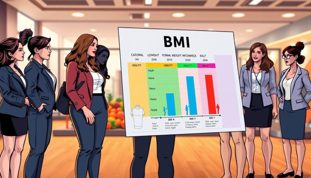 A visually engaging representation of BMI categories and their health implications. In the foreground, a diverse group of women of various body types, all dressed in professional business attire, stand together, examining a large infographic displaying the BMI categories: underweight, normal weight, overweight, and obesity, each marked with distinct colors. In the middle ground, healthy lifestyle icons, like fruits and exercise equipment, subtly blend into the design, symbolizing health. The background features a soft-focus illustration of a gym or wellness center, with warm lighting to create a welcoming atmosphere. The overall mood is informative and positive, conveying empowerment and knowledge about body mass index. The perspective is slightly angled to enhance depth, and the colors are vibrant yet harmonious, encouraging engagement with the topic.
