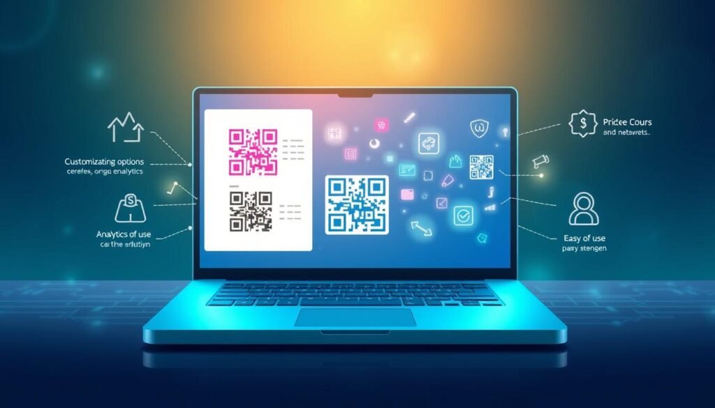 A visually engaging representation of the key features of a QR code generator. In the foreground, showcase a sleek, modern QR code generator interface displayed on a laptop, with vibrant, colorful QR codes emerging from it. In the middle ground, include visual icons symbolizing various features such as customization options, analytics, and ease of use, flowing seamlessly around the laptop like a tech-centric infographic. The background features an abstract tech-themed gradient, combining shades of blue and green, creating an energetic and innovative atmosphere. Use soft, ambient lighting to enhance the tech vibes, ensuring a professional and clean aesthetic. The angle should be a slight top-down view, emphasizing the digital aspect. The overall mood is dynamic and forward-thinking, focusing on simplicity and functionality. A visually engaging representation of the key features of a QR code generator. In the foreground, showcase a sleek, modern QR code generator interface displayed on a laptop, with vibrant, colorful QR codes emerging from it. In the middle ground, include visual icons symbolizing various features such as customization options, analytics, and ease of use, flowing seamlessly around the laptop like a tech-centric infographic. The background features an abstract tech-themed gradient, combining shades of blue and green, creating an energetic and innovative atmosphere. Use soft, ambient lighting to enhance the tech vibes, ensuring a professional and clean aesthetic. The angle should be a slight top-down view, emphasizing the digital aspect. The overall mood is dynamic and forward-thinking, focusing on simplicity and functionality.
