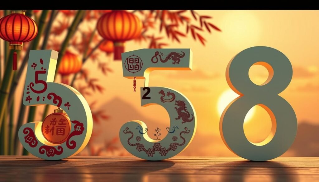 A visually engaging representation of the number 5 in Chinese traditions compared to other significant numbers like 2, 3, and 8. In the foreground, artistically designed representations of the numbers are arranged in an elegant manner, adorned with traditional Chinese motifs such as lanterns and dragon patterns. The middle layer features subtle illustrations of relevant cultural symbols, like feng shui elements, showcasing the balance and harmony associated with these numbers. The background is a soft-focus depiction of a tranquil Chinese landscape, perhaps with bamboo and mountains, under a warm, golden sunset. The lighting creates a serene atmosphere, emphasizing the cultural richness, and the image should evoke a sense of reverence and curiosity about numerology in Chinese culture. Overall, the composition aims to be harmonious and balanced, inviting exploration and understanding. A visually engaging representation of the number 5 in Chinese traditions compared to other significant numbers like 2, 3, and 8. In the foreground, artistically designed representations of the numbers are arranged in an elegant manner, adorned with traditional Chinese motifs such as lanterns and dragon patterns. The middle layer features subtle illustrations of relevant cultural symbols, like feng shui elements, showcasing the balance and harmony associated with these numbers. The background is a soft-focus depiction of a tranquil Chinese landscape, perhaps with bamboo and mountains, under a warm, golden sunset. The lighting creates a serene atmosphere, emphasizing the cultural richness, and the image should evoke a sense of reverence and curiosity about numerology in Chinese culture. Overall, the composition aims to be harmonious and balanced, inviting exploration and understanding.
