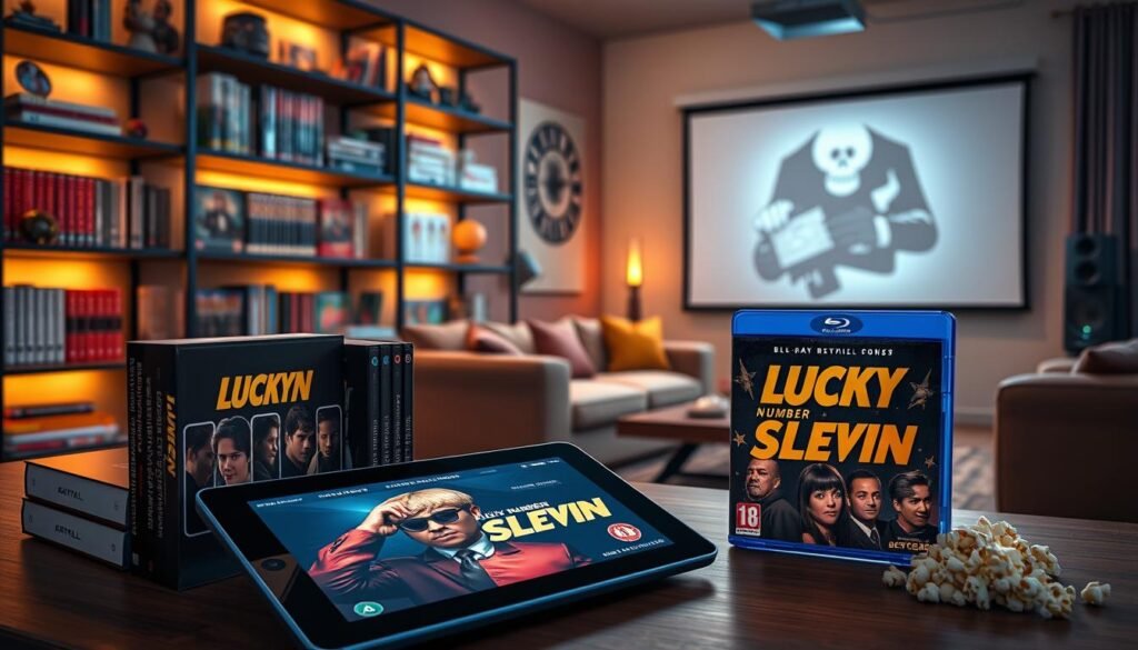 A visually engaging scene depicting various rental and purchase options for the movie "Lucky Number Slevin". In the foreground, a sleek digital tablet showcases the movie cover with vibrant colors, surrounded by a DVD box and a Blu-ray case. The middle ground features a stylish modern shelf filled with multiple copies of the film, both digital and physical formats, illuminated by warm ambient lighting. In the background, a cozy living room setting with a plush sofa, a coffee table with popcorn, and a projector screen ready for movie night. The atmosphere is inviting and cinematic, with soft shadows and a focus on the movie’s iconic elements, creating a sense of excitement about watching the film. A visually engaging scene depicting various rental and purchase options for the movie "Lucky Number Slevin". In the foreground, a sleek digital tablet showcases the movie cover with vibrant colors, surrounded by a DVD box and a Blu-ray case. The middle ground features a stylish modern shelf filled with multiple copies of the film, both digital and physical formats, illuminated by warm ambient lighting. In the background, a cozy living room setting with a plush sofa, a coffee table with popcorn, and a projector screen ready for movie night. The atmosphere is inviting and cinematic, with soft shadows and a focus on the movie’s iconic elements, creating a sense of excitement about watching the film.