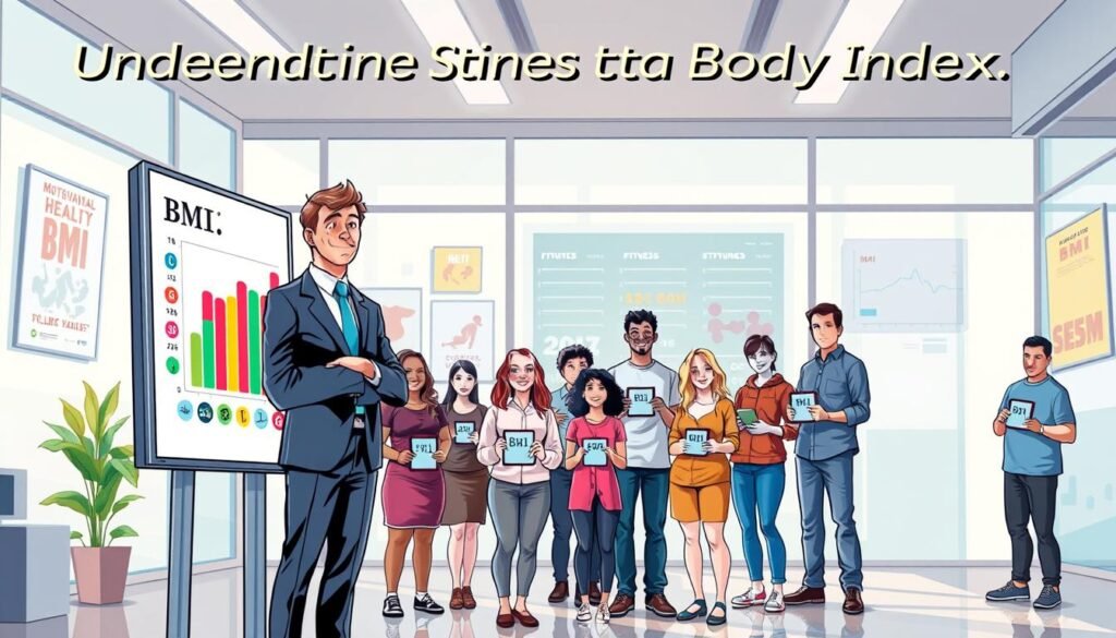 A visually engaging scene illustrating "Understanding Body Mass Index." In the foreground, a professional-looking individual in business attire stands beside a large digital display showing a colorful BMI chart and various fitness icons, symbolizing health and wellness. In the middle ground, a diverse group of individuals of different ages and body types, each holding a tablet or smartphone displaying BMI calculations, exudes curiosity and determination. The background features a bright, modern office environment with motivational health posters and soft, natural lighting filtering through large windows, creating an inviting and educational atmosphere. The composition highlights the importance of understanding BMI in a friendly yet professional manner. A visually engaging scene illustrating "Understanding Body Mass Index." In the foreground, a professional-looking individual in business attire stands beside a large digital display showing a colorful BMI chart and various fitness icons, symbolizing health and wellness. In the middle ground, a diverse group of individuals of different ages and body types, each holding a tablet or smartphone displaying BMI calculations, exudes curiosity and determination. The background features a bright, modern office environment with motivational health posters and soft, natural lighting filtering through large windows, creating an inviting and educational atmosphere. The composition highlights the importance of understanding BMI in a friendly yet professional manner.