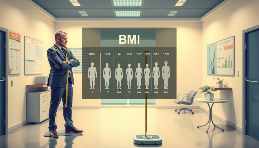 A visually engaging scene illustrating the concept of Body Mass Index (BMI). In the foreground, a professional-looking man in business attire is standing on a scale, looking thoughtfully at a measuring tape that's draped around his shoulders. In the middle, a large, transparent overlay displays a simplified BMI chart and various body shapes, conveying the range of BMI categories. In the background, a well-lit, modern medical office adds a sense of professionalism, featuring charts on the walls and a healthy plant on a table for a touch of vitality. The lighting is bright and reassuring, encouraging a positive atmosphere around health and wellness. A wide-angle view captures the entire setting, emphasizing the significance of understanding BMI for personal health.
