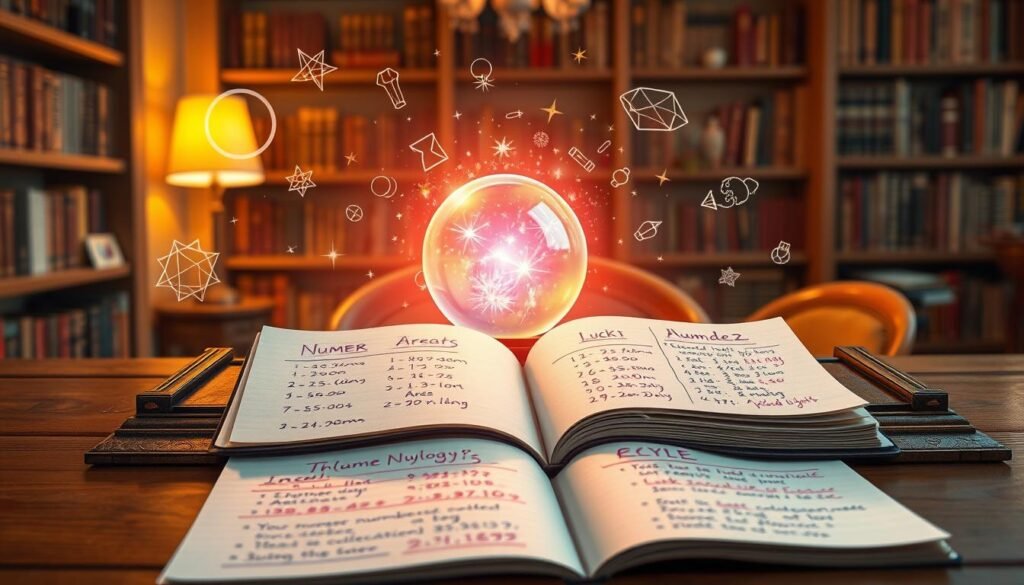 A visually engaging scene illustrating the concept of "Name Number Calculation Example." In the foreground, place an elegant wooden desk with an open notebook filled with colorful handwritten notes and calculations, showcasing a person's name and corresponding numbers. In the middle, introduce a glowing crystal ball emitting soft, vibrant light, symbolizing intuition and luck. Surround the scene with abstract, ethereal symbols representing numerology, softly floating in the air. The background should feature a softly lit, cozy room with shelves filled with books on numerology, enhancing the atmosphere of exploration and discovery. Use warm, inviting lighting to create a positive and enlightening mood, captured with a slight depth of field to focus on the details in the foreground while gently blurring the background. A visually engaging scene illustrating the concept of "Name Number Calculation Example." In the foreground, place an elegant wooden desk with an open notebook filled with colorful handwritten notes and calculations, showcasing a person's name and corresponding numbers. In the middle, introduce a glowing crystal ball emitting soft, vibrant light, symbolizing intuition and luck. Surround the scene with abstract, ethereal symbols representing numerology, softly floating in the air. The background should feature a softly lit, cozy room with shelves filled with books on numerology, enhancing the atmosphere of exploration and discovery. Use warm, inviting lighting to create a positive and enlightening mood, captured with a slight depth of field to focus on the details in the foreground while gently blurring the background.