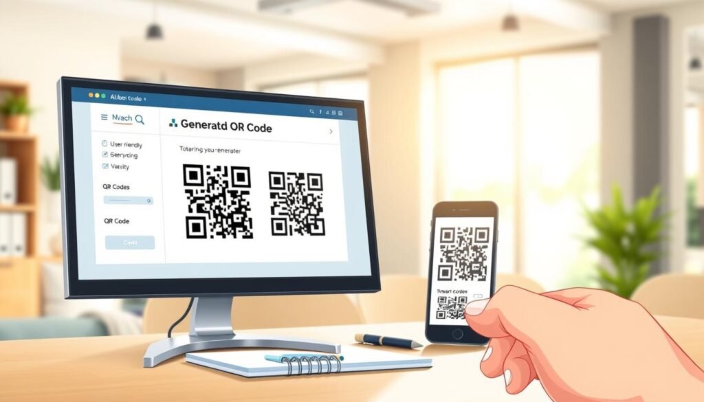A visually engaging scene of a computer screen displaying a user-friendly QR code generator interface. In the foreground, a close-up of a hand using a mouse to navigate the interface, showcasing vibrant QR codes being created in real-time. The middle of the image features a blurred background of a modern office workspace with a soft focus on a notepad and a smartphone displaying generated QR codes. Bright, natural lighting pours in through a window, creating a cheerful atmosphere of productivity and innovation. The focus is on simplicity and accessibility, emphasizing a clean design with clear colors, portraying a welcoming and easy-to-understand digital tool. No text or watermarks are present, ensuring a professional appearance. A visually engaging scene of a computer screen displaying a user-friendly QR code generator interface. In the foreground, a close-up of a hand using a mouse to navigate the interface, showcasing vibrant QR codes being created in real-time. The middle of the image features a blurred background of a modern office workspace with a soft focus on a notepad and a smartphone displaying generated QR codes. Bright, natural lighting pours in through a window, creating a cheerful atmosphere of productivity and innovation. The focus is on simplicity and accessibility, emphasizing a clean design with clear colors, portraying a welcoming and easy-to-understand digital tool. No text or watermarks are present, ensuring a professional appearance.