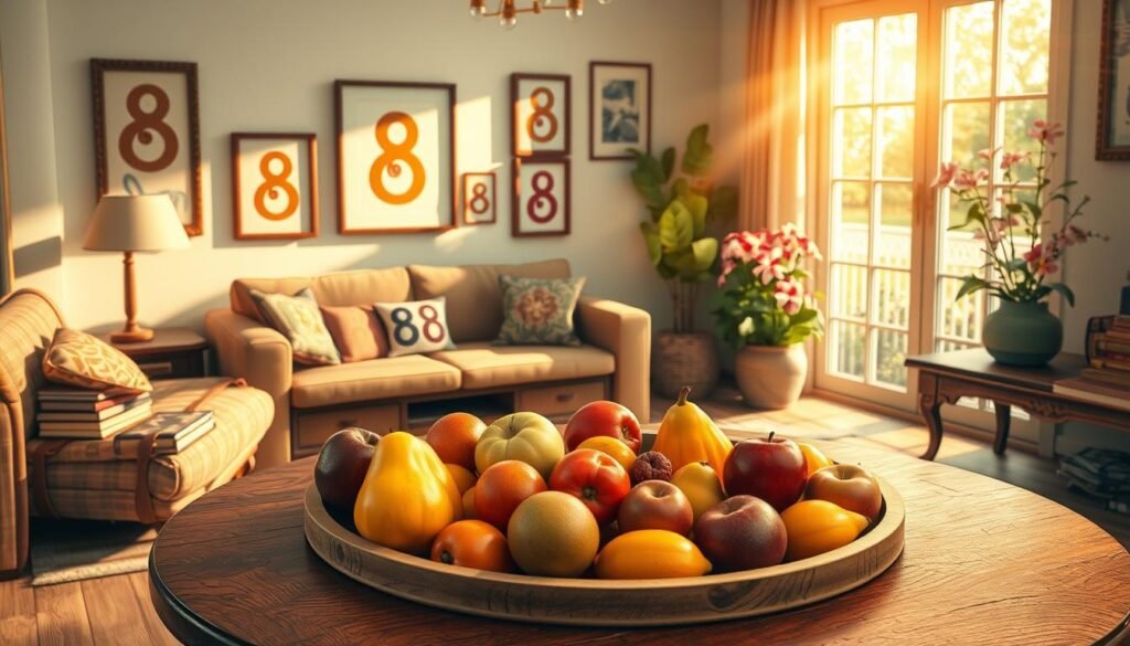 A visually engaging scene showcasing the significance of the number 8 in everyday life. In the foreground, a beautifully crafted wooden table filled with eight vibrant fruits arranged in a circular pattern that symbolizes abundance. In the middle ground, a cozy living room features artworks of the number 8, like an infinity symbol, subtly integrated into decorative pieces and old books. A warm, golden afternoon light streams in through a window, creating soft shadows and highlighting the colors of the fruits and decor. In the background, a serene garden can be seen through the window, with eight blooming flowers representing growth and prosperity. The atmosphere is inviting and uplifting, capturing the essence of 8 as a lucky and powerful number that resonates positivity in daily life. A visually engaging scene showcasing the significance of the number 8 in everyday life. In the foreground, a beautifully crafted wooden table filled with eight vibrant fruits arranged in a circular pattern that symbolizes abundance. In the middle ground, a cozy living room features artworks of the number 8, like an infinity symbol, subtly integrated into decorative pieces and old books. A warm, golden afternoon light streams in through a window, creating soft shadows and highlighting the colors of the fruits and decor. In the background, a serene garden can be seen through the window, with eight blooming flowers representing growth and prosperity. The atmosphere is inviting and uplifting, capturing the essence of 8 as a lucky and powerful number that resonates positivity in daily life.