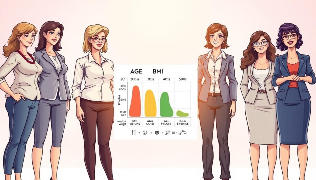 A visually informative and engaging illustration depicting the relationship between age, BMI, and healthy weight. In the foreground, a diverse group of women representing different age groups (20s, 30s, 40s, 50s) stands side by side, each dressed in professional business attire, displaying a range of body types and BMI levels. In the middle, a stylized chart overlay illustrates BMI categories, with arrows indicating how age influences these metrics, accompanied by icons of healthy foods and exercise. The background features a serene setting, with soft pastel colors and gentle lighting to create an uplifting and educational atmosphere. Use a wide-angle lens effect to give depth and perspective, ensuring the focus remains on the interaction of age, BMI, and healthy weight without any text or distractions.