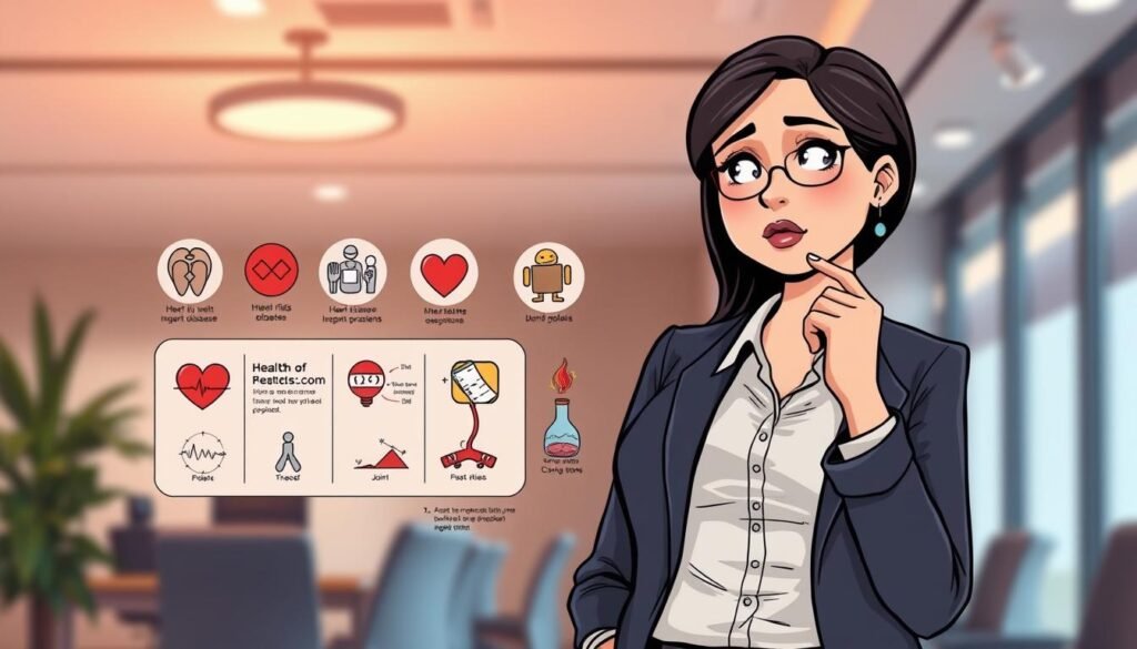 A visually informative illustration depicting the health risks associated with being overweight. In the foreground, an overweight female figure, dressed in professional business attire, stands thoughtfully with her hand on her chin, reflecting concern. The middle ground features a series of icons and infographics highlighting various health risks such as heart disease, diabetes, and joint problems, artistically represented. The background is a soft, blurred office setting with ambient lighting, conveying seriousness and professionalism. The overall mood is thoughtful and educational, inviting the viewer to reflect on the implications of being overweight without being judgmental. The color palette should be calm and neutral, fostering a sense of understanding and awareness.
