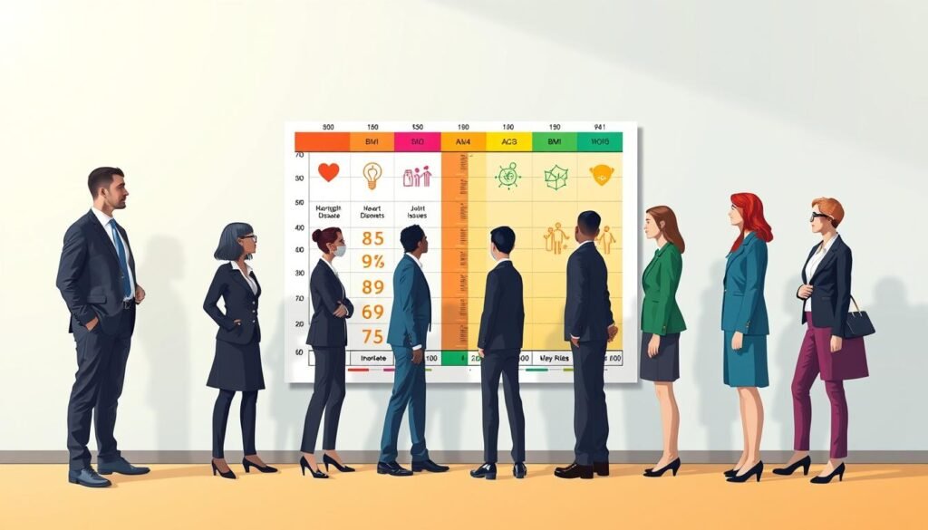 A visually informative illustration depicting the health risks associated with varying BMI levels. In the foreground, feature a diverse group of individuals in professional attire, each standing beside a BMI chart, which highlights different health categories (underweight, normal, overweight, obesity). In the middle ground, create a representation of health risks linked to each category, such as heart disease, diabetes, and joint issues, using subtle icons or symbols. The background should be a soft, calming gradient to evoke a sense of awareness and education. Use bright, natural lighting that enhances the visibility of the figures and the chart, photographed from a slightly angled perspective to add depth. The overall mood should be informative yet approachable, promoting health awareness without stigma.