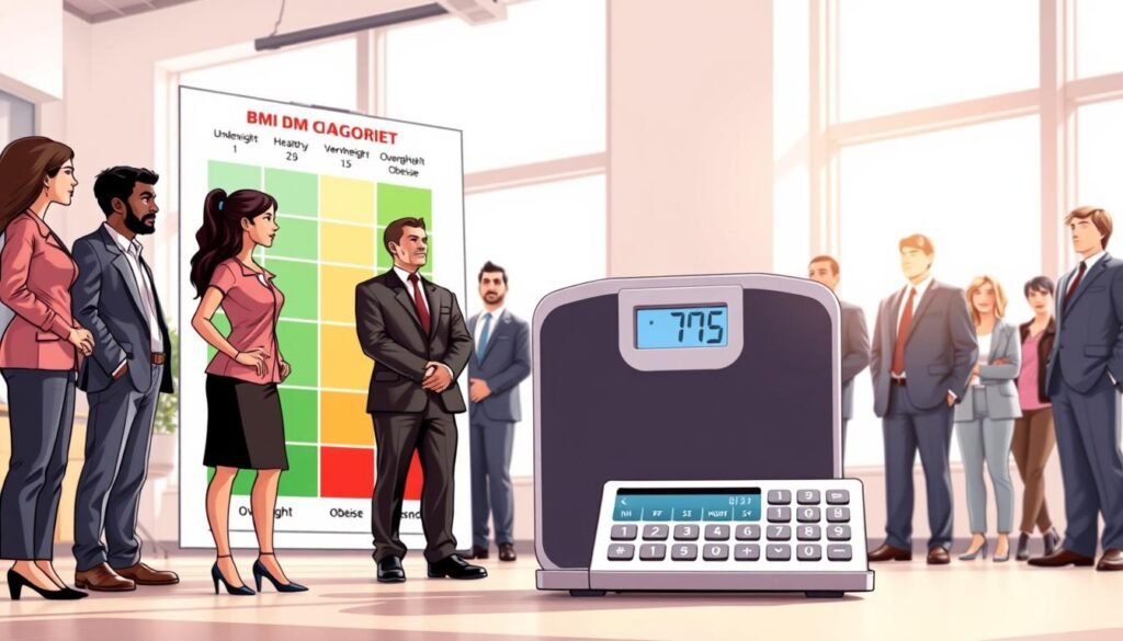 A visually informative illustration depicting the understanding of BMI categories. In the foreground, a diverse group of individuals, dressed in professional business attire, stands next to a large, colorful chart showing the BMI categories: underweight, healthy weight, overweight, and obese. In the middle ground, a sleek, modern scale displays a BMI reading while a digital calculator with numeric buttons is placed beside it. The background features a light, airy office environment with soft lighting filtering through large windows, creating a welcoming and educational atmosphere. Capture the scene from a slightly elevated angle to emphasize the chart and scale, evoking a sense of clarity and understanding regarding BMI categories. The overall mood is informative and encouraging, promoting wellness and knowledge.