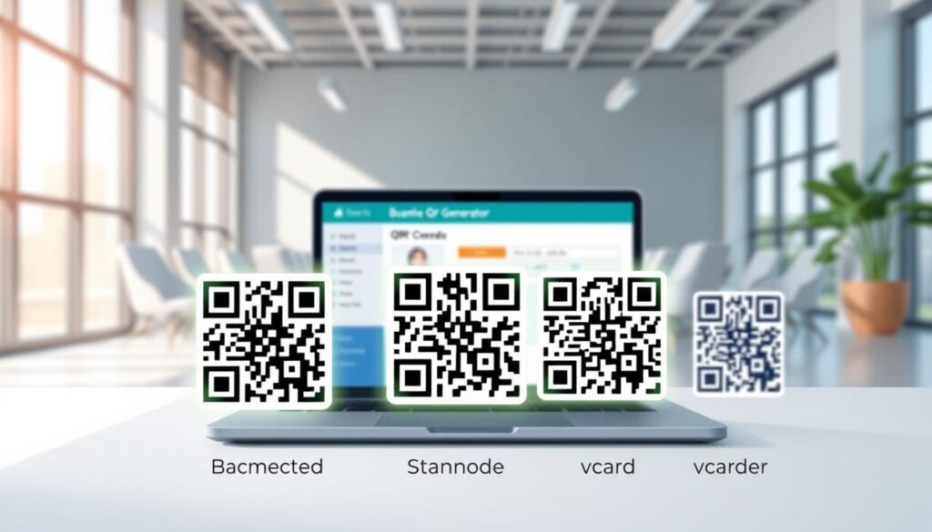 A visually informative illustration depicting various types of QR codes in a professional, modern business setting. In the foreground, showcase three distinct QR codes: a standard QR code, a dynamic QR code, and a vCard QR code, each highlighted with subtle glowing borders. In the middle, include a blurred laptop displaying a QR code generator tool, symbolizing its application in business. The background should feature a bright, airy office environment with minimalist furniture and natural lighting flooding in through large windows. The mood is professional yet approachable, inviting a sense of innovation and utility. Emphasize sharp focus on the QR codes while ensuring a slightly soft focus on the laptop and office elements to create depth. A visually informative illustration depicting various types of QR codes in a professional, modern business setting. In the foreground, showcase three distinct QR codes: a standard QR code, a dynamic QR code, and a vCard QR code, each highlighted with subtle glowing borders. In the middle, include a blurred laptop displaying a QR code generator tool, symbolizing its application in business. The background should feature a bright, airy office environment with minimalist furniture and natural lighting flooding in through large windows. The mood is professional yet approachable, inviting a sense of innovation and utility. Emphasize sharp focus on the QR codes while ensuring a slightly soft focus on the laptop and office elements to create depth.