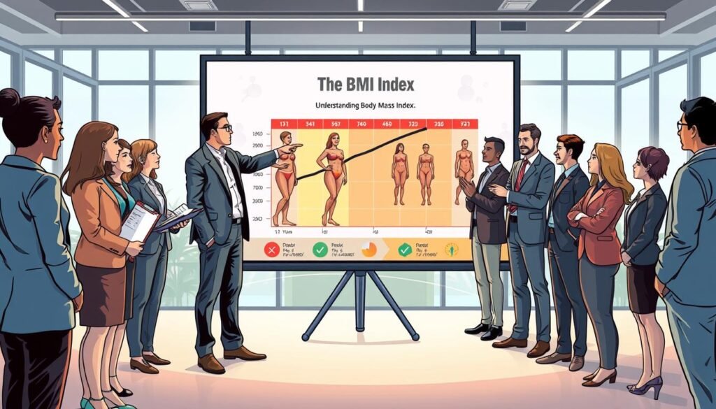A visually informative illustration of "Understanding Body Mass Index" that includes a diverse group of professionally dressed individuals standing around a large digital display showing a colorful BMI chart. In the foreground, one person points to the chart, while another takes notes on a clipboard, embodying an educational environment. The middle ground features anatomical graphics depicting different body types with BMI readouts. The background showcases a modern, well-lit office space with large windows allowing natural light to illuminate the scene. The overall mood is collaborative and encouraging, emphasizing wellness and health awareness. Use a soft focus lens effect to create a warm atmosphere that feels approachable and informative, avoiding any presence of text, watermarks, or other distractions.