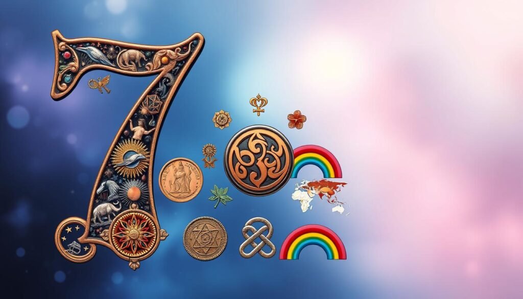 A visually rich collage symbolizing the number 7 across various cultures and religions. In the foreground, a large and ornate number 7, intricately designed, adorned with motifs from different traditions, such as the seven chakras from Hinduism, seven biblical days, and classic motifs like the seven wonders of the world. In the middle, an array of symbols representing different cultures, including a Chinese coin with the number seven, a Celtic knot, and a rainbow signifying seven colors. The background features a serene gradient of blues and purples, suggesting a mystical atmosphere, with soft lighting to create depth. The composition invites curiosity and reflects a sense of harmony and diversity, showcasing the significance of the number 7 in a harmonious and respectful manner. A visually rich collage symbolizing the number 7 across various cultures and religions. In the foreground, a large and ornate number 7, intricately designed, adorned with motifs from different traditions, such as the seven chakras from Hinduism, seven biblical days, and classic motifs like the seven wonders of the world. In the middle, an array of symbols representing different cultures, including a Chinese coin with the number seven, a Celtic knot, and a rainbow signifying seven colors. The background features a serene gradient of blues and purples, suggesting a mystical atmosphere, with soft lighting to create depth. The composition invites curiosity and reflects a sense of harmony and diversity, showcasing the significance of the number 7 in a harmonious and respectful manner.