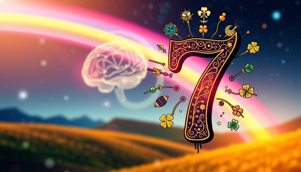 A visually striking, abstract representation of the cognitive appeal of the number seven. In the foreground, prominently featured is the number 7, stylized with intricate patterns and vibrant colors, symbolizing luck and positivity. Surrounding it are various symbols of luck from different cultures, such as a four-leaf clover and a horseshoe, fostering a sense of connection to global beliefs. In the middle ground, a gentle swirl of light hints at brain activity, showcasing neural connections illuminated in a soft, ethereal glow. The background portrays a serene landscape, blending natural elements like a rainbow and a starry night sky, evoking a sense of wonder and magic. The lighting should be warm and inviting, with a slight bokeh effect to create depth, giving the image a dreamlike, positive atmosphere. A visually striking, abstract representation of the cognitive appeal of the number seven. In the foreground, prominently featured is the number 7, stylized with intricate patterns and vibrant colors, symbolizing luck and positivity. Surrounding it are various symbols of luck from different cultures, such as a four-leaf clover and a horseshoe, fostering a sense of connection to global beliefs. In the middle ground, a gentle swirl of light hints at brain activity, showcasing neural connections illuminated in a soft, ethereal glow. The background portrays a serene landscape, blending natural elements like a rainbow and a starry night sky, evoking a sense of wonder and magic. The lighting should be warm and inviting, with a slight bokeh effect to create depth, giving the image a dreamlike, positive atmosphere.