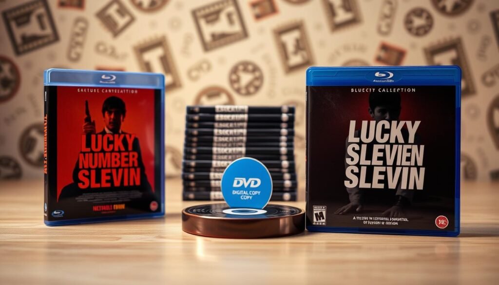 A visually striking arrangement showcasing two DVD and Blu-ray editions of the film "Lucky Number Slevin." In the foreground, prominently display the sleek DVD and Blu-ray cases featuring the film’s artwork, emphasizing vibrant colors and bold font. In the middle ground, place a blurred DVD stack and a digital copy icon, indicating a variety of viewing options. The background should consist of a subtle cinema-themed wallpaper, possibly with faded film reels or movie tickets. Use soft, warm lighting to evoke a cozy and inviting atmosphere, capturing the essence of home entertainment. The angle should be slightly elevated, providing a clear view of the cases while creating depth in the composition. A visually striking arrangement showcasing two DVD and Blu-ray editions of the film "Lucky Number Slevin." In the foreground, prominently display the sleek DVD and Blu-ray cases featuring the film’s artwork, emphasizing vibrant colors and bold font. In the middle ground, place a blurred DVD stack and a digital copy icon, indicating a variety of viewing options. The background should consist of a subtle cinema-themed wallpaper, possibly with faded film reels or movie tickets. Use soft, warm lighting to evoke a cozy and inviting atmosphere, capturing the essence of home entertainment. The angle should be slightly elevated, providing a clear view of the cases while creating depth in the composition.
