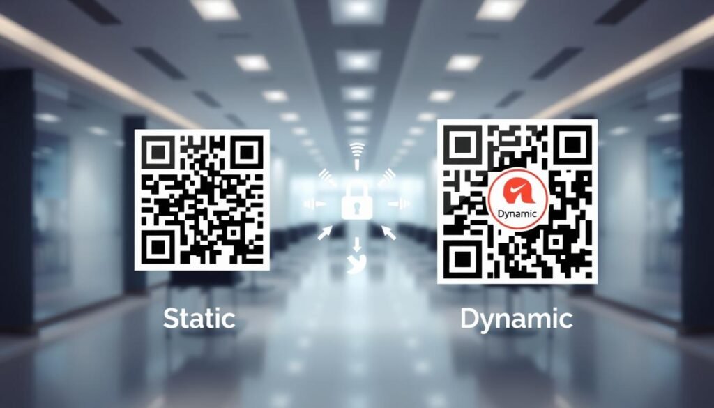 A visually striking comparison of static and dynamic QR codes, presented in a clean and organized layout. In the foreground, two distinct QR codes: on the left, a simple static QR code with a monochromatic design, labeled "Static" underneath; on the right, a colorful dynamic QR code, embellished with a logo, labeled "Dynamic." The middle ground features subtle icons representing their functionalities, like a lock for security and arrows for flexibility. The background should be a sleek, modern office environment with soft, diffuse lighting, creating a professional atmosphere. Use a slight depth of field effect to emphasize the QR codes while keeping the background blurred. Aim for a polished and informative feel, ideal for a detailed comparison. A visually striking comparison of static and dynamic QR codes, presented in a clean and organized layout. In the foreground, two distinct QR codes: on the left, a simple static QR code with a monochromatic design, labeled "Static" underneath; on the right, a colorful dynamic QR code, embellished with a logo, labeled "Dynamic." The middle ground features subtle icons representing their functionalities, like a lock for security and arrows for flexibility. The background should be a sleek, modern office environment with soft, diffuse lighting, creating a professional atmosphere. Use a slight depth of field effect to emphasize the QR codes while keeping the background blurred. Aim for a polished and informative feel, ideal for a detailed comparison.