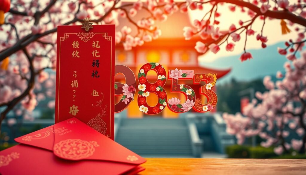 A visually striking composition centered around the concept of lucky numbers in Chinese culture, prominently featuring the number 8, which is considered highly auspicious. In the foreground, a beautifully designed red envelope with gold embellishments symbolizes wealth and prosperity. In the middle, a vibrant arrangement of numbers 8, 9, 6, and 3 is artistically integrated, each adorned with traditional Chinese motifs like dragons and lotus flowers. The background showcases a softly blurred view of a serene temple surrounded by cherry blossoms, all under warm, golden evening light that conveys a sense of tranquility and celebration. The overall mood should feel uplifting and harmonious, evoking feelings of good fortune and cultural richness. Use a wide-angle lens to capture the depth and layering of this enchanting scene, without any text or additional elements. A visually striking composition centered around the concept of lucky numbers in Chinese culture, prominently featuring the number 8, which is considered highly auspicious. In the foreground, a beautifully designed red envelope with gold embellishments symbolizes wealth and prosperity. In the middle, a vibrant arrangement of numbers 8, 9, 6, and 3 is artistically integrated, each adorned with traditional Chinese motifs like dragons and lotus flowers. The background showcases a softly blurred view of a serene temple surrounded by cherry blossoms, all under warm, golden evening light that conveys a sense of tranquility and celebration. The overall mood should feel uplifting and harmonious, evoking feelings of good fortune and cultural richness. Use a wide-angle lens to capture the depth and layering of this enchanting scene, without any text or additional elements.