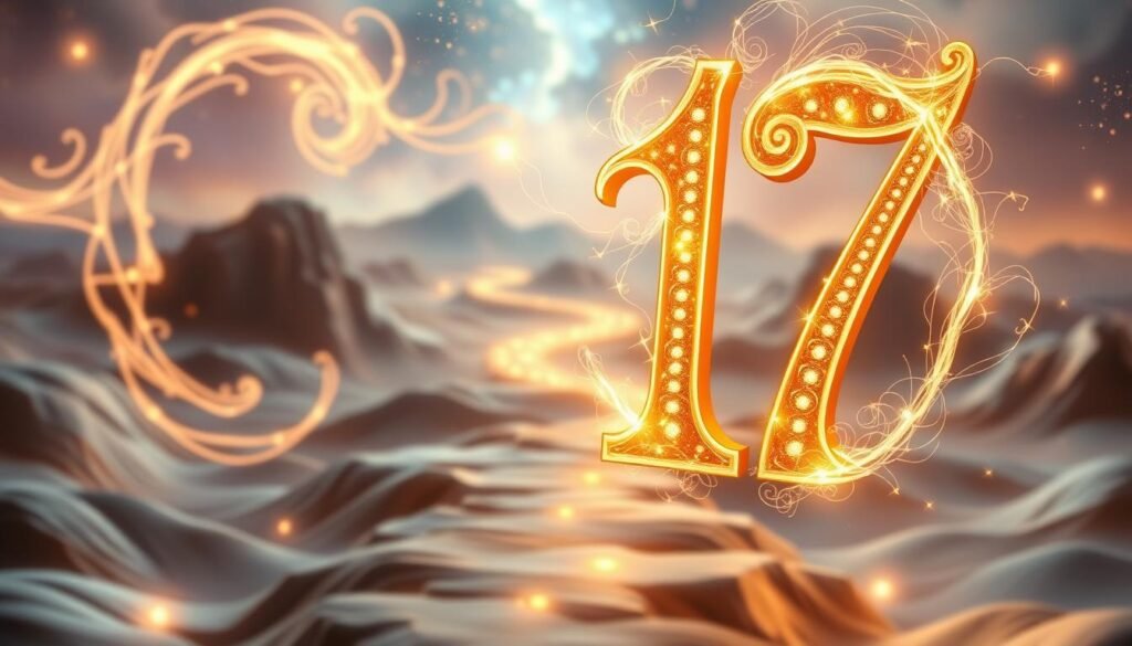 A visually striking composition centered around the number 17, depicted as an ornate, glowing numeral crafted from shimmering gold and surrounded by vibrant energy swirls. In the foreground, the number 17 is prominent, illuminated with a soft ethereal light. The middle ground features abstract representations of pathways diverging in multiple directions, symbolizing life choices and the influences of this number. The background is a soft, dreamlike landscape with hints of cosmic elements, like stars and nebulas, creating an expansive feel. The lighting is soft and magical, casting subtle glows that enhance the mystical atmosphere. The overall mood is introspective and inspiring, inviting the viewer to contemplate the significance of the number 17 in shaping one’s life journey. A visually striking composition centered around the number 17, depicted as an ornate, glowing numeral crafted from shimmering gold and surrounded by vibrant energy swirls. In the foreground, the number 17 is prominent, illuminated with a soft ethereal light. The middle ground features abstract representations of pathways diverging in multiple directions, symbolizing life choices and the influences of this number. The background is a soft, dreamlike landscape with hints of cosmic elements, like stars and nebulas, creating an expansive feel. The lighting is soft and magical, casting subtle glows that enhance the mystical atmosphere. The overall mood is introspective and inspiring, inviting the viewer to contemplate the significance of the number 17 in shaping one’s life journey.