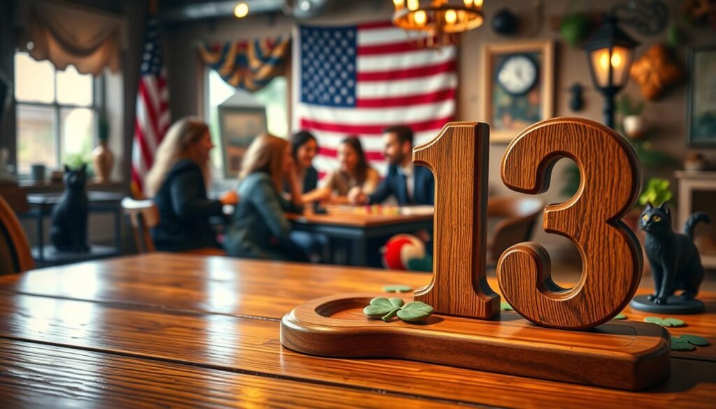 A visually striking composition highlighting the significance of the number 13 in American culture, set in a cozy, warmly lit scene. In the foreground, a wooden table features a prominent, ornate number 13 carved from polished wood, surrounded by traditional symbols of luck like a horseshoe and a four-leaf clover. In the middle, soft-focus elements include a diverse group of people in professional attire, engaging in animated conversation over a board game that features the number 13, representing friendship and fun. In the background, a colorful American flag and elements of traditional folklore, such as a black cat and an old-fashioned streetlamp, contribute to the cultural context. The atmosphere is friendly and inviting, with warm lighting and a shallow depth of field, focusing the viewer's attention on the number 13 and its role in life and traditions.