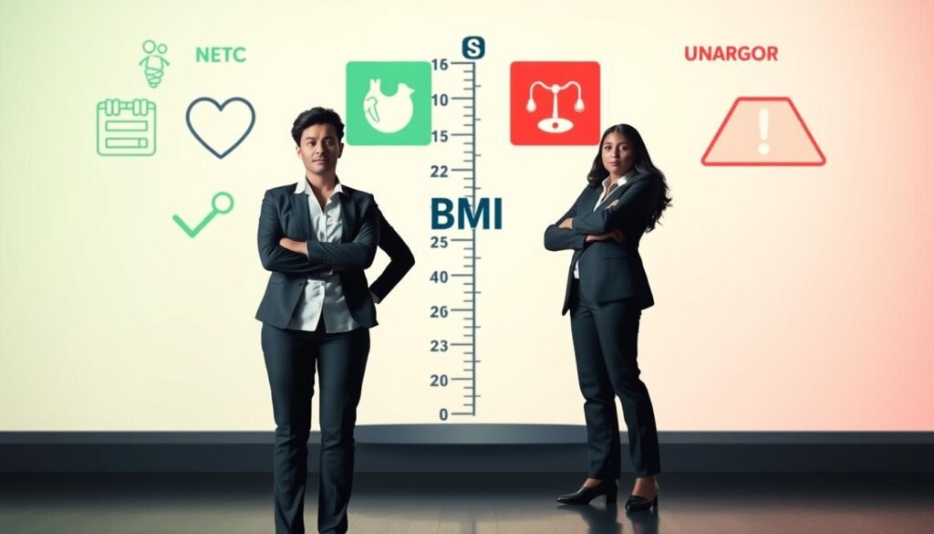 A visually striking composition illustrating the health risks associated with being overweight or underweight. In the foreground, a diverse group of three individuals in professional business attire stands confidently, their postures conveying awareness of health. The middle ground features a large scale measuring BMI with visuals of health icons like a heart, scale, and medical symbols, emphasizing both ends of the weight spectrum. The background reveals a subtle gradient of color from healthy greens to alarming reds, symbolizing the spectrum of health risks. Soft, ambient lighting enhances the overall atmosphere, while a shallow depth of field focuses on the people and scale, creating a sense of urgency and importance surrounding the topic.