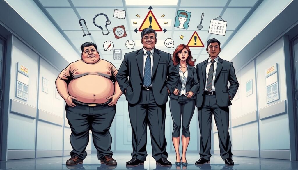 A visually striking composition illustrating the health risks associated with weight issues. In the foreground, depict a diverse group of three individuals standing together, one overweight, one underweight, and one with a healthy BMI, all dressed in professional business attire. They should express a range of emotions from concern to determination. In the middle ground, illustrate medical symbols like stethoscopes, charts, and warning signs that evoke health awareness. The background features a hospital setting with soft lighting to create a serious yet hopeful atmosphere. Use a slightly downward angle to emphasize the importance of the subject matter. The overall mood should convey urgency and the need for awareness regarding weight-related health issues. A visually striking composition illustrating the health risks associated with weight issues. In the foreground, depict a diverse group of three individuals standing together, one overweight, one underweight, and one with a healthy BMI, all dressed in professional business attire. They should express a range of emotions from concern to determination. In the middle ground, illustrate medical symbols like stethoscopes, charts, and warning signs that evoke health awareness. The background features a hospital setting with soft lighting to create a serious yet hopeful atmosphere. Use a slightly downward angle to emphasize the importance of the subject matter. The overall mood should convey urgency and the need for awareness regarding weight-related health issues.