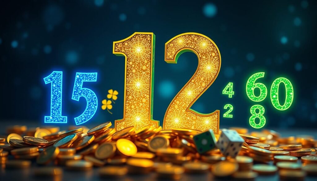 A visually striking composition illustrating the role of even and odd numbers in luck. In the foreground, showcase a large, vivid 12 surrounded by shimmering golden coins and symbols of luck, like four-leaf clovers and dice. To the left, feature small, distinct odd numbers (1, 3, 5, 7, 9) glowing with a mystical blue aura, while to the right, display even numbers (2, 4, 6, 8, 10) radiating a warm green light. In the background, softly blurred, include a starry night sky suggesting wonder and chance. Use soft, diffused lighting to create an ethereal atmosphere, ensuring a sense of balance and harmony between odd and even numbers. Capture the scene from a slightly elevated angle, providing depth and intrigue.