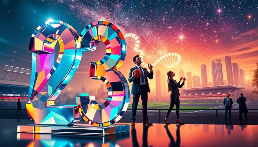 A visually striking composition illustrating the significance of the number 23 in life and culture. In the foreground, depict a vibrant 23-shaped sculpture carved from crystal, reflecting light in a spectrum of colors. The middle ground features human figures in business attire, engaging in activities related to sports and science—one holding a basketball and another studying a DNA strand, symbolizing chromosomes. In the background, create a dynamic urban landscape with iconic sports stadiums and a galaxy of stars, conveying the idea of luck and significance. Soft, warm lighting envelops the scene, giving it an inspiring and hopeful atmosphere. The angle should be slightly tilted upward, emphasizing the grandeur and importance of 23. Avoid any text or overlays. A visually striking composition illustrating the significance of the number 23 in life and culture. In the foreground, depict a vibrant 23-shaped sculpture carved from crystal, reflecting light in a spectrum of colors. The middle ground features human figures in business attire, engaging in activities related to sports and science—one holding a basketball and another studying a DNA strand, symbolizing chromosomes. In the background, create a dynamic urban landscape with iconic sports stadiums and a galaxy of stars, conveying the idea of luck and significance. Soft, warm lighting envelops the scene, giving it an inspiring and hopeful atmosphere. The angle should be slightly tilted upward, emphasizing the grandeur and importance of 23. Avoid any text or overlays.