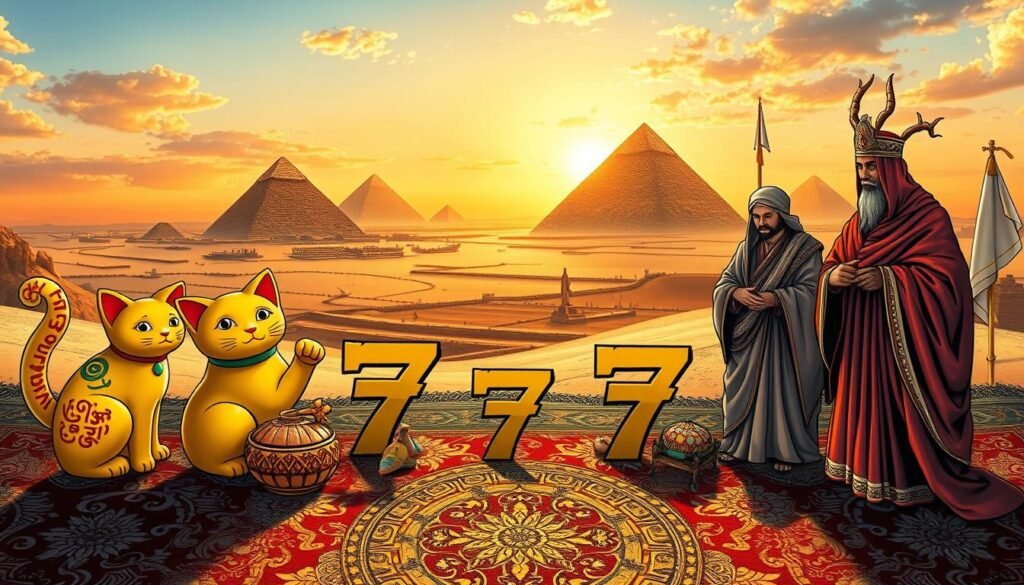 A visually striking composition illustrating the significance of the number seven across various cultures and historical contexts. In the foreground, depict seven prominent symbols, such as a golden lucky cat from Japan, a seven-colored rainbow, and an ancient Roman numeral VII, all intricately arranged on an ornate tapestry. In the middle ground, showcase diverse cultural figures, such as a scholar in traditional garb from the Middle East, a Native American storyteller, and an Asian monk, all engaged in discussions, conveying the richness of their histories. The background features a serene landscape merging iconic landmarks like the pyramids of Egypt and the Seven Wonders of the World, bathed in warm, golden hour lighting that creates a hopeful and celebratory atmosphere. Use a wide-angle lens for a dynamic perspective that invites viewers into this cultural tapestry. A visually striking composition illustrating the significance of the number seven across various cultures and historical contexts. In the foreground, depict seven prominent symbols, such as a golden lucky cat from Japan, a seven-colored rainbow, and an ancient Roman numeral VII, all intricately arranged on an ornate tapestry. In the middle ground, showcase diverse cultural figures, such as a scholar in traditional garb from the Middle East, a Native American storyteller, and an Asian monk, all engaged in discussions, conveying the richness of their histories. The background features a serene landscape merging iconic landmarks like the pyramids of Egypt and the Seven Wonders of the World, bathed in warm, golden hour lighting that creates a hopeful and celebratory atmosphere. Use a wide-angle lens for a dynamic perspective that invites viewers into this cultural tapestry.
