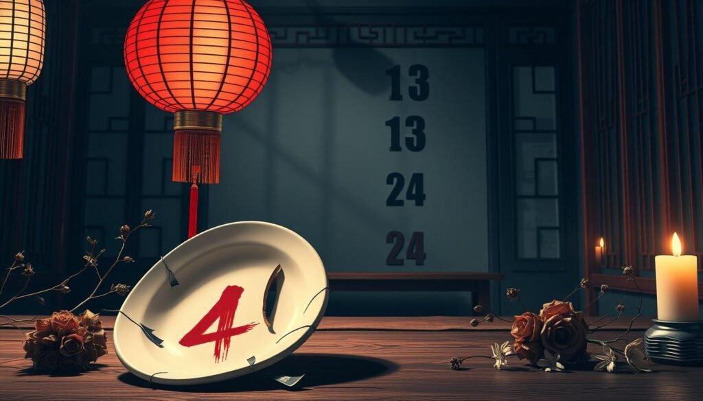 A visually striking composition reflecting the concept of unlucky numbers in Chinese culture, particularly the number 4. In the foreground, a prominent red Chinese lantern, symbolizing luck, contrasts with a broken plate displaying the numeral 4 in an ornate calligraphy style. In the middle ground, three additional numbers, 13, 14, and 24, are subtly arranged among decorative elements like dried bamboo and faded flowers. The background features a dimly lit traditional Chinese room with shadows playing across paper screens and a flickering candlelight atmosphere, evoking a sense of mystery and superstition. The image should have soft lighting to convey a somber mood, focusing on the cultural significance of these unlucky numbers. A visually striking composition reflecting the concept of unlucky numbers in Chinese culture, particularly the number 4. In the foreground, a prominent red Chinese lantern, symbolizing luck, contrasts with a broken plate displaying the numeral 4 in an ornate calligraphy style. In the middle ground, three additional numbers, 13, 14, and 24, are subtly arranged among decorative elements like dried bamboo and faded flowers. The background features a dimly lit traditional Chinese room with shadows playing across paper screens and a flickering candlelight atmosphere, evoking a sense of mystery and superstition. The image should have soft lighting to convey a somber mood, focusing on the cultural significance of these unlucky numbers.