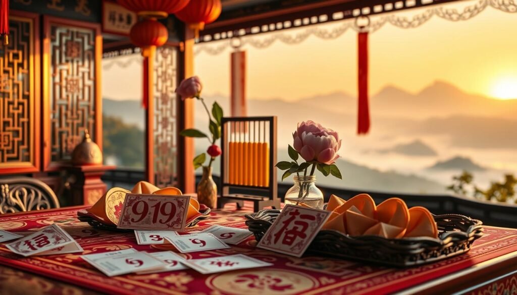 A visually striking composition showcasing the concept of lucky numbers in Chinese culture. In the foreground, an ornate table adorned with traditional Chinese decorations, featuring red and gold accents. Place various lucky numbers like 8 and 9, represented in elegant calligraphy on fortune cookies and decorative slips of paper. The middle ground includes a traditional Chinese abacus and a small vase of fresh peonies, symbolizing prosperity and happiness. In the background, a serene Chinese landscape with soft mist rising over mountains, bathed in warm golden light of a sunset. Create a tranquil atmosphere, emphasizing fortune and good vibes. Use a shallow depth of field to focus on the foreground, enhancing the sense of importance around the lucky numbers, while softly blurring the background for depth.